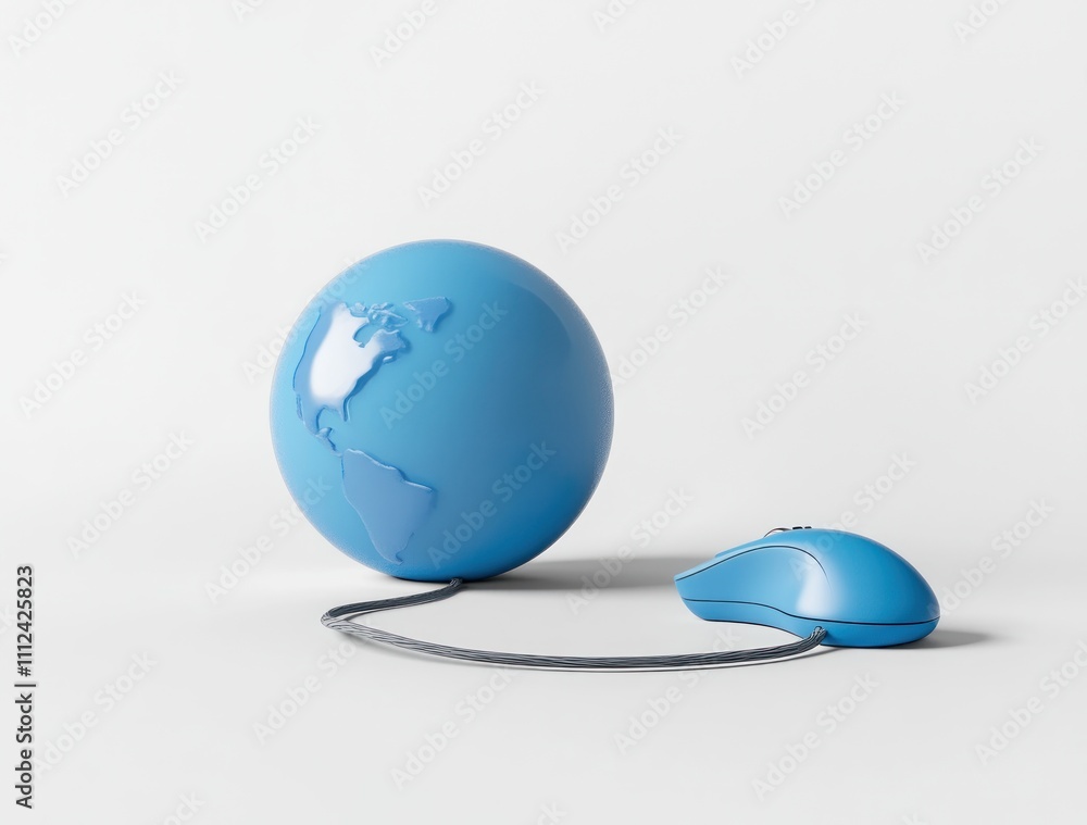 Poster blue globe and computer mouse connected by cord, symbolizing global internet access.