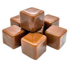 Shiny Caramel Cubes Stacked Closeup Isolated on PNG Transparent Background
