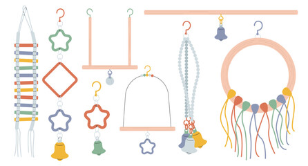 Accessories for parrots set. Toys for pets in minimalist style and trendy earthy shades. Swing, small ladder and hanging hooks with bells for bird cage. Flat vector illustrations collection. © ermine