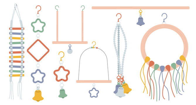 Accessories for parrots set. Toys for pets in minimalist style and trendy earthy shades. Swing, small ladder and hanging hooks with bells for bird cage. Flat vector illustrations collection.