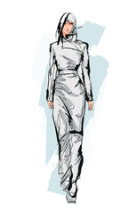 Beautiful young girl in stylish clothes. Fashion woman look. Sale concept. Hand-drawn fashion illustration. Cute girl in fashion clothes. 