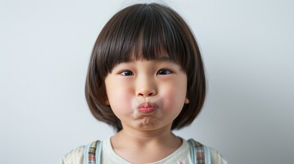 A young Asian girl with a short haircut and bangs making a kissy face in front Of a white wall.