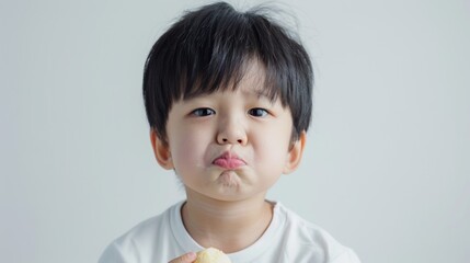 A young boy with black hair and a white shirt making a kissy face while eating a piece Of food.