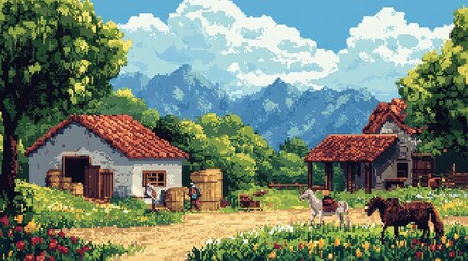 A pixelated folk art scene depicting traditional rural life, with digital squares creating a nostalgic and stylized version of folk culture