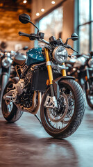 Cropped photo of a touring bike is standing on the moto showroom. Touring bikes are designed for long-distance travel. Vertical photo.