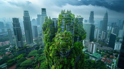 Obraz premium Lush green vertical garden on a skyscraper in a modern city.