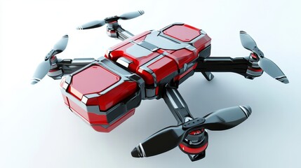 Naklejka premium A futuristic drone with cargo box, hovering on a bright white background, sharp details, innovative and functional design 