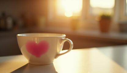 White cup with heart design on a table during sunrise in a cozy kitchen
