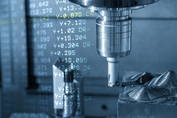 Abstract scene the CNC milling machine rough cutting and G-code data back ground in the light blue...