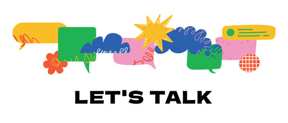 A horizontal colorful and abstract composition with various speech bubbles and shapes. A design template on the topic of communication, podcast, and learning.