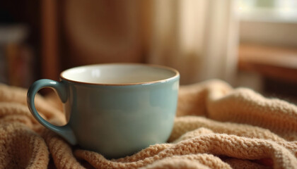 Blue coffee cup on a cozy knitted blanket with soft light coming from a window

