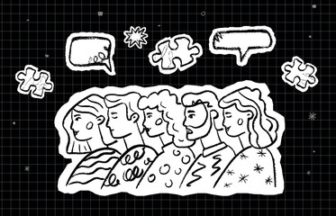Doodle illustration of people and speech bubbles on a grid background. A collage symbolizing partnership, interaction, collaboration.