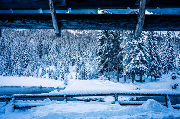 Ice Dawn in Sappada. Walk through ancient villages and dream mountains. Dolomites.