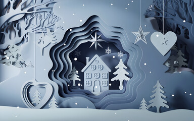 Fototapeta premium abstract Christmas in 3D papercut, Scandinavian Christmas, forest with sinuous shapes, Scandinavian house, trees and Christmas pendants in blue and white tones, Calming Rhythms