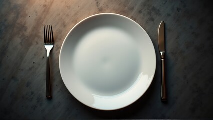 Empty white plate with utensils on a textured table, minimalistic and elegant composition. Generative, AI