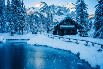 Ice Dawn in Sappada. Walk through ancient villages and dream mountains. Dolomites.