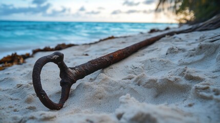 Fototapeta premium Ancient harpoon resting on sandy beach, partially buried with weathered wooden handle and rusted metal tip, evoking historical maritime heritage and archaeological significance.