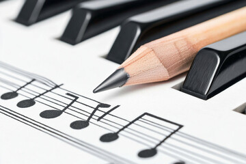 Pencil resting on sheet music next to piano keys in a studio