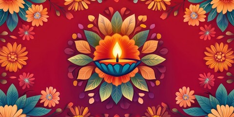 Colorful mandala with a central diya glowing brightly, surrounded by symmetrical floral arrangements on a bold red background.