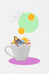 Vertical photo collage of anonym girl sit juice cup instead face orange mask fresh beverage tea...