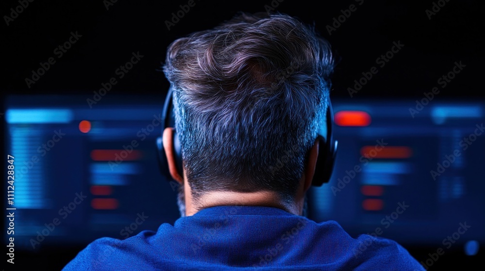 Poster man working on computer in dark environment