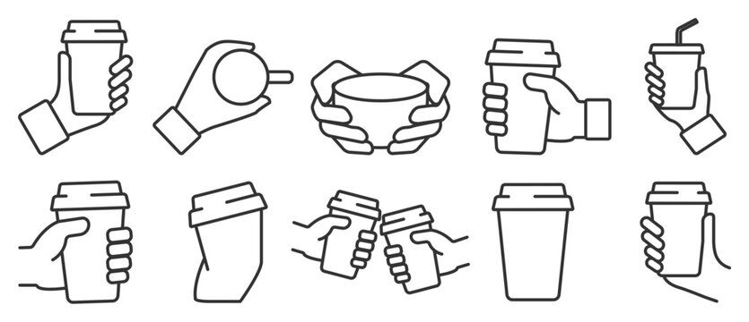 Hand holding paper cup with drink line icon set. A hand is holding a coffee cup icon set. Vector illustration of a hand holding a mug of coffee to takeaway in transparent background. Editable stroke