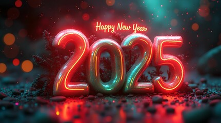 New Year banner "Happy New Year 2025" in multi-colored neon colors.