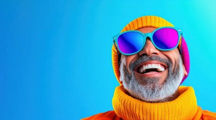 Happy Senior Man Laughing with Colorful Sunglasses on Blue Background