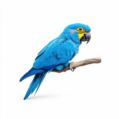 Fototapeta premium Blue Parrot Perched on a Branch Against a White Background