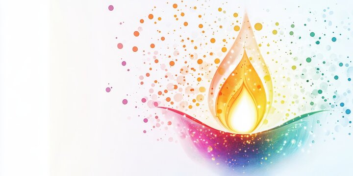 Abstract diya design with rainbow-colored patterns, glowing flame and dotted details, set against a white backdrop.