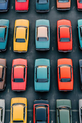 Top view of rows of colorful cars in the parking lot. Background wallpaper for a banner of car dealership store