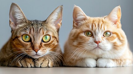 Two adorable cats, a brown tabby and an orange tabby, curiously gazing at the camera with bright green eyes, creating a captivating and playful atmosphere.