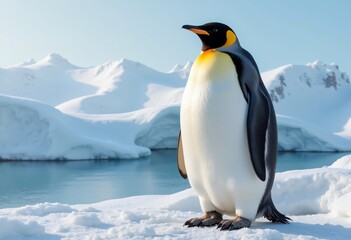 Obraz premium Realistic penguin standing alone on icy landscape