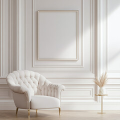 template, interior background with an empty frame for a painting in the style of minimalism and conciseness,in a light, white frame and in a dark frame