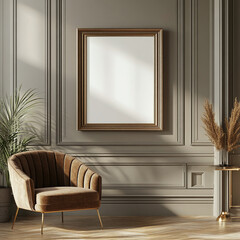 template, interior background with an empty frame for a painting in the style of minimalism and conciseness,in a light, white frame and in a dark frame