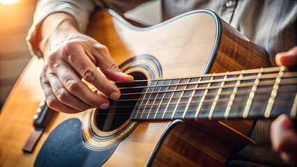 Fototapeta premium Fingers Plucking Acoustic Guitar Strings in Natural Light. Perfect for: Music festivals, campfires
