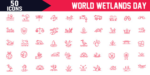 World Wetlands Day Editable Stroke Outline Icons, Postcard or Banner with Map Cut Out in Paper, Reeds Branches Design, Reminding Inscription, Vector Illustration.