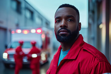 African American paramedic stands ready with crew at the emergency station for duty