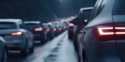 Obraz premium Traffic jam, rush hour, cars lined up on the highway