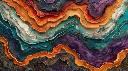 Obraz premium An abstract clay pattern with colorful, marbled streaks of orange, teal, and purple, forming a unique flowing background