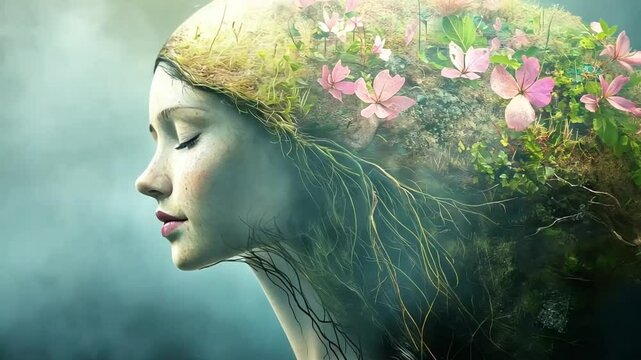 This stunning digital artwork showcases a woman whose form is partially obscured by the earth, with her head emerging as if she is a living part of the natural world