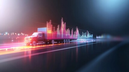 A glowing holographic bar graph shaped like pickup trucks, each bar representing a transportation growth metric, Digital art, Cool tones, Minimalistic