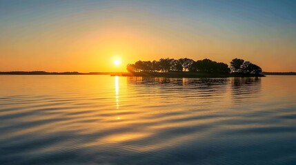 Naklejka premium Serene Sunset Over Calm Water with Reflection of Trees and Sky, Peaceful Natural Landscape for Relaxation and Inspiration in Nature Photography