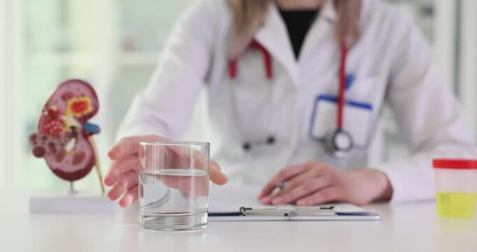 Doctor places water glass near model of human kidney on table in clinic. Female therapist warns about hydration importance for body organs functions