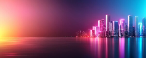 Fototapeta premium A vibrant city skyline illuminated by colorful lights reflects in a calm body of water under a twilight sky.