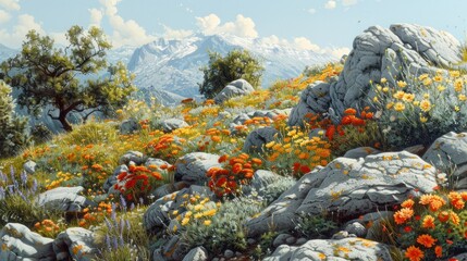 Breathtaking scenic landscape with a vibrant display of colorful wildflowers and lush foliage set against the backdrop of a majestic mountain range in a peaceful and tranquil outdoor environment