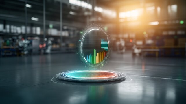 A glowing holographic pie chart floating in a warehouse, each segment representing a logistics metric, with automated robots in the background, Sci-fi, Bright greens and blues, Professional aesthetic 