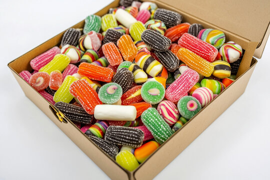 Colorful assorted candies neatly arranged in a cardboard box
