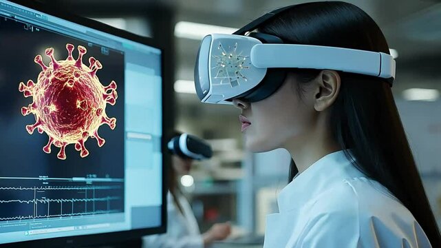A futuristic image showcasing a Hispanic female scientist immersed in virtual reality technology, wearing sleek white VR glasses as she interacts with a computerized virus model