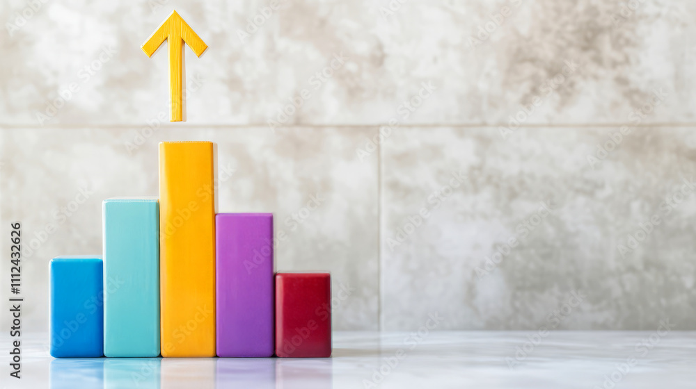 Poster colorful growth chart with bar graph and arrow representing positive progress concept